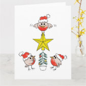 Amusante kerst Kaart - robins dressing xmas tree (Gele Bloem)