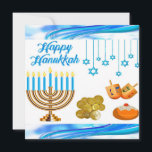 Amusants enfants Chanukah pièces de carte dreidels<br><div class="desc">Il s'agit d'une carte Chanoukah mignonne pour les enfants avec une menorah,  des pièces d'or et des dreidels avec des couleurs joyeuses sur le blanc. Le dos de la carte est assez bleu pâle.</div>