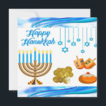 Amusants enfants Chanukah pièces de carte dreidels<br><div class="desc">Il s'agit d'une carte Chanoukah mignonne pour les enfants avec une menorah,  des pièces d'or et des dreidels avec des couleurs joyeuses sur le blanc. Le dos de la carte est assez bleu pâle.</div>
