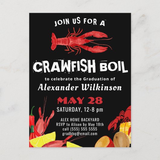 Amusants Script Crawfish Graduation BBQ Invitation (Devant)