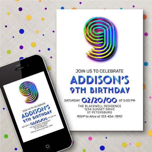 Amusement moderne 9e anniversaire Invitation