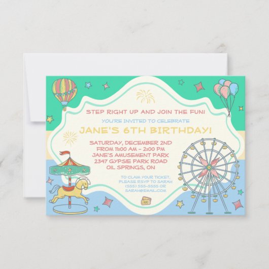 Amusement Park Birthday Party Invitation Kaart (Voorkant)