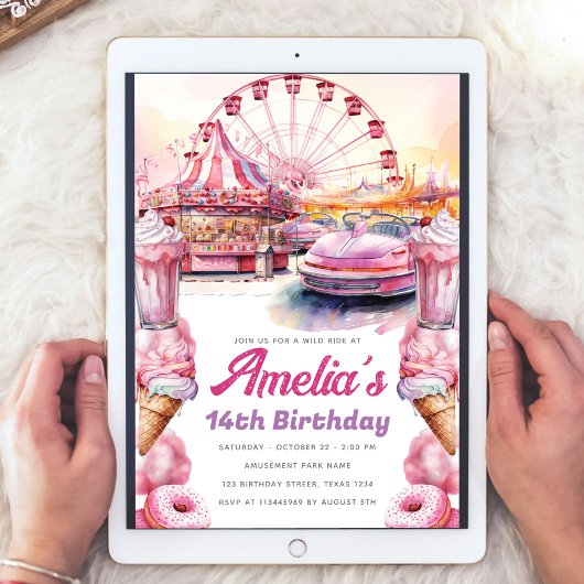 Amusement Park Verjaardagsfeestje Waterverf Custom Kaart