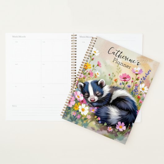 An Adorable Skunk Napping in Flowers Personalized Planner (Display)