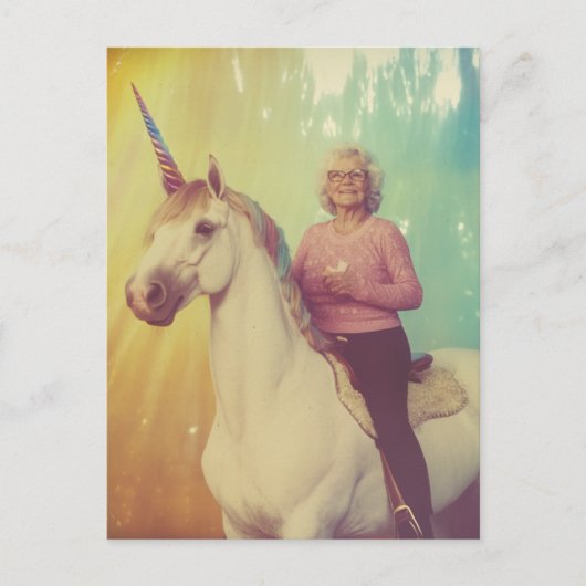 An elderly woman riding her unicorn briefkaart (Voorkant)