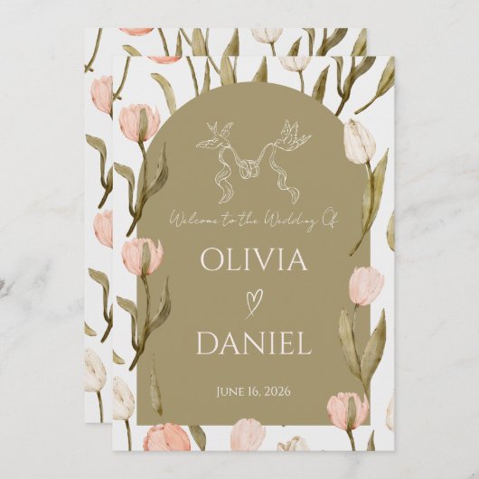 An elegant wedding invitation in olive green (Voorkant / Achterkant)