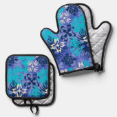Anahola Bay Hawaiian Abstracte Bloemen Paarse Ovenwant & Pannenlap Set (Voorkant / Achterkant)