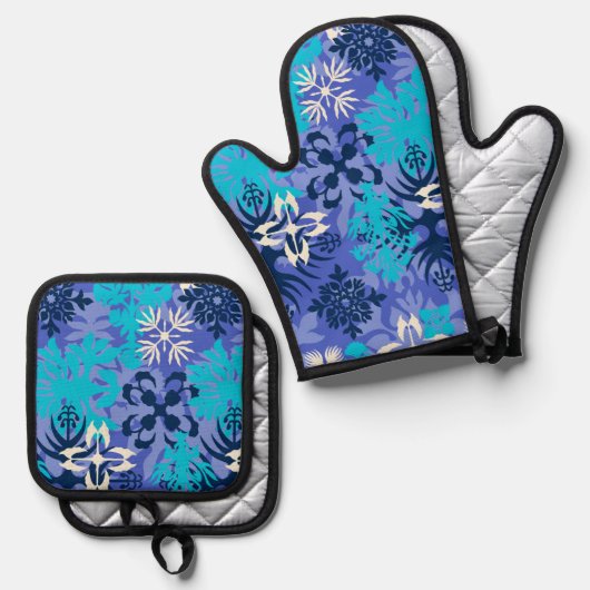 Anahola Bay Hawaiian Abstracte Bloemen Paarse Ovenwant & Pannenlap Set (Voorkant / Achterkant)