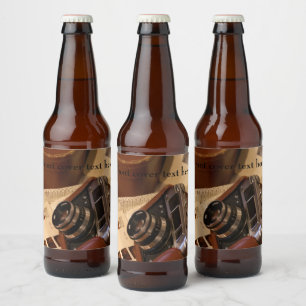 analoge camera in leder bruin hoesje bier etiket