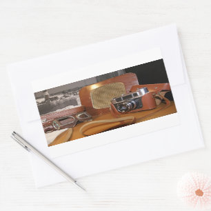  analoge camera in leder bruin hoesje rechthoekige sticker