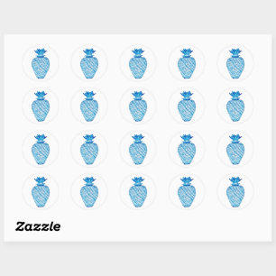 Ananas Blauw en Witte Ginger Jar Ronde Sticker