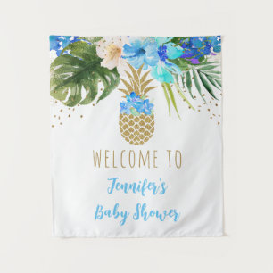 Ananas Blauw Goud Bloemen Baby shower Achtergrond Wandkleed