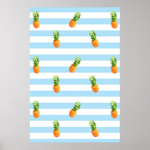 ananas, blauw strempatroon, ananas poster, poster