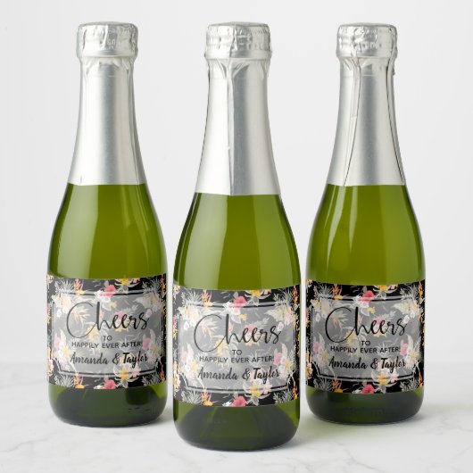Ananas Bloemen op Black Mini Sparkling Wijnetiket (Flessen)