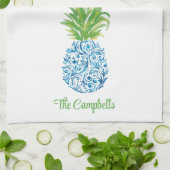 Ananas Chinoiserie Blauw Wit Preppy Custom Theedoek (Gevouwen)