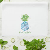 Ananas Chinoiserie Blauw Wit Preppy Custom Theedoek (Gevouwen)