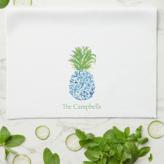 Ananas Chinoiserie Blauw Wit Preppy Custom Theedoek (Gevouwen)