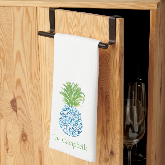 Ananas Chinoiserie Blauw Wit Preppy Custom Theedoek (Derde Gevouwen)