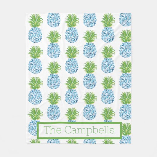 Ananas Chinoiserie Blue White Preppy Name Fleece Deken (Voorkant)