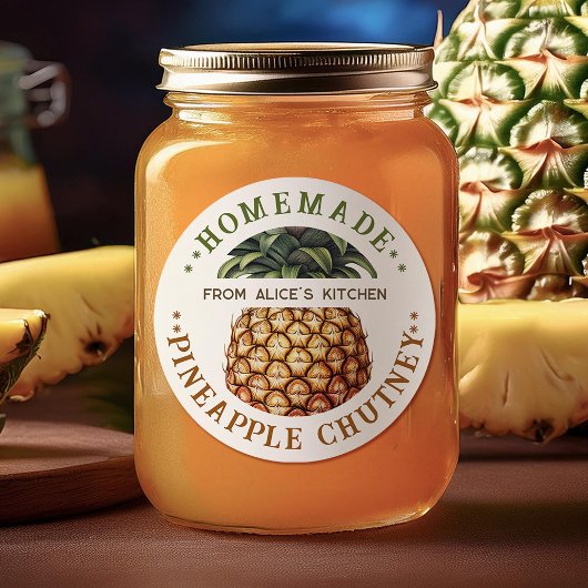 Ananas-chutney inmaaklabel zelfgemaakte conserven ronde sticker