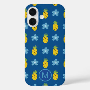 Ananas en Blauwe Bloemen Monogram iPhone 16 Hoesje