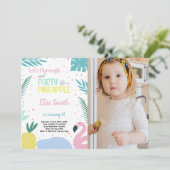 Ananas en Flamingo Birthday-uitnodigingen met foto Kaart (Staand voorkant)