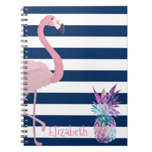 Ananas, Flamingo Navy Blue Stripes-Personalized Notitieboek