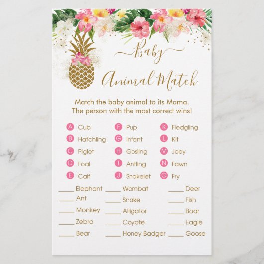 Ananas Floral Baby shower Animal Match Game (Voorkant)