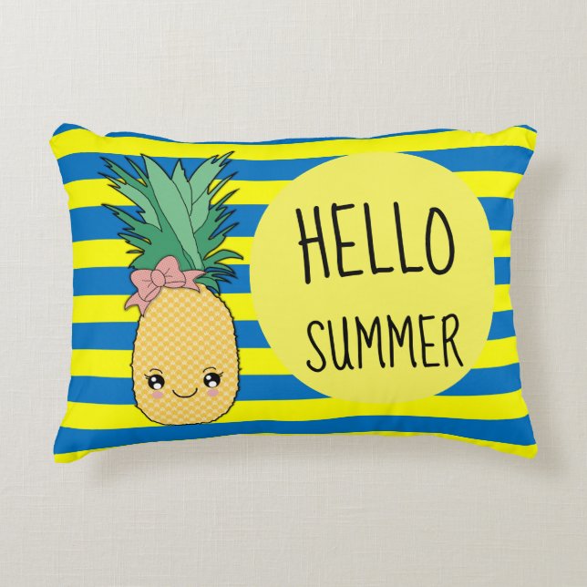 Ananas Fruit Kawaii Hallo Summer Blue Stripe Accent Kussen (Voorkant)