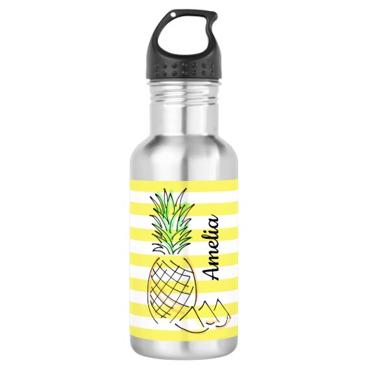 Ananas gele strepen zomer gepersonaliseerd waterfles (Voorkant)