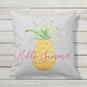 Ananas Hallo Zomer Grijs Geel Aquarel Buitenkussen
