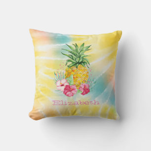Ananas,Hibiscus Aquarel Regenboog Tie Dye Kussen