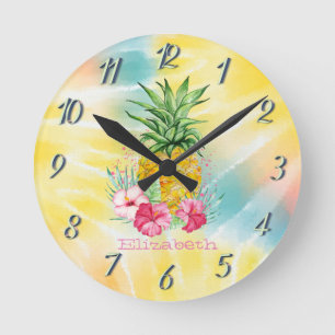 Ananas,Hibiscus Aquarel Regenboog Tie Dye Ronde Klok