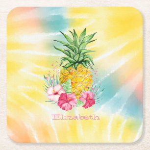 Ananas,Hibiscus Waterverf Regenboog Tie Dye  Vierkante Kartonnen Onderzetter
