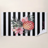 Ananas Hibiscus, zwarte witte strepen Strandlaken (Voorkant)