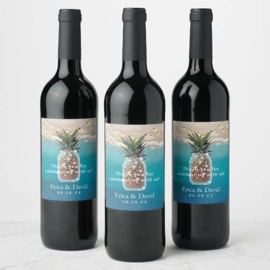 Ananas Jar String Lights Tropische Strand Bruiloft Wijn Etiket (Flessen)