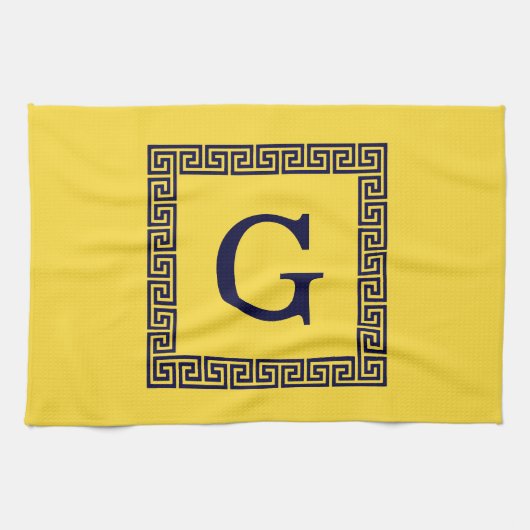 Ananas, marineblauw Griekse sleutel #1 ingelijst m Theedoek (Horizontaal)