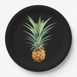 Ananas met groot haar op zwarte achtergrond papieren bordje