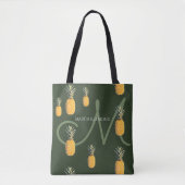 Ananas met naam en initiaal op donkergroen tote bag (Voorkant)