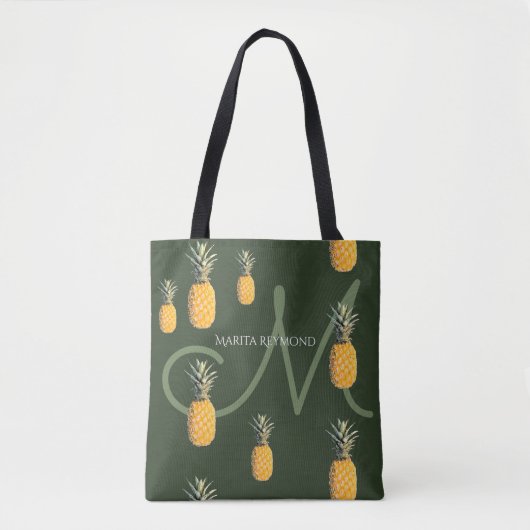 Ananas met naam en initiaal op donkergroen tote bag (Voorkant)