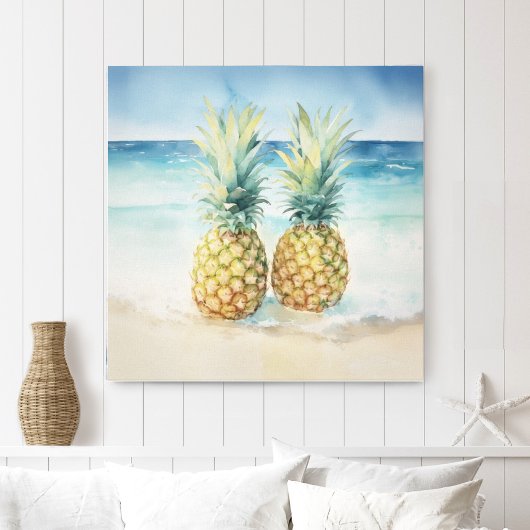 Ananas op het strand Waterverf Canvas Print