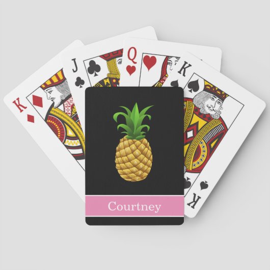 Ananas op zwart met roze naam pokerkaarten (Achterkant)