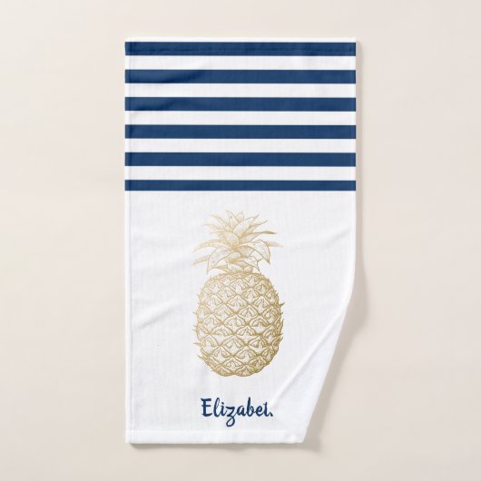 Ananas Or Marine Bleu Blanc rayé (Serviette à main)
