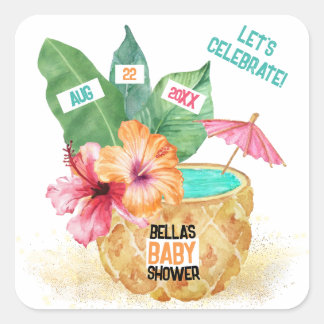 Ananas Palm Hibiscus Tropisch Strand Baby Shower Vierkante Sticker
