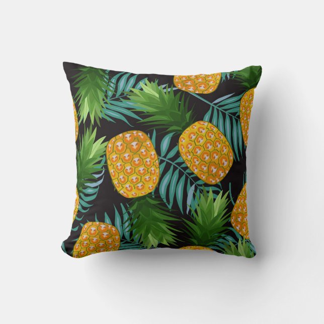 Ananas Palms Zwart Tapestry Kussen (Voorkant)