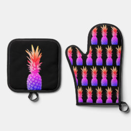 Ananas Piñas Sinaasappel Roze & Paarse Zwart Ovenwant & Pannenlap Set