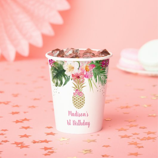 Ananas Pink Gold Floral Birthday Papieren Bekers (Insitu)