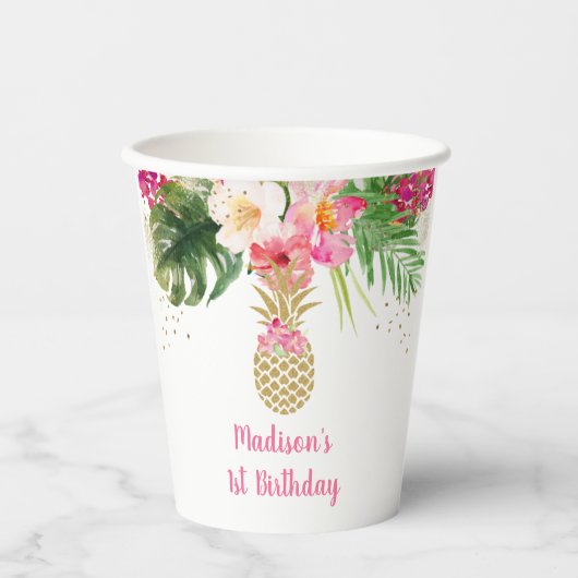 Ananas Pink Gold Floral Birthday Papieren Bekers (Voorkant)