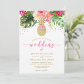 Ananas Pink Gold Floral Tropical Wedding Kaart (Staand voorkant)