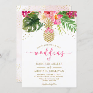 Ananas Pink Gold Floral Tropical Wedding Kaart